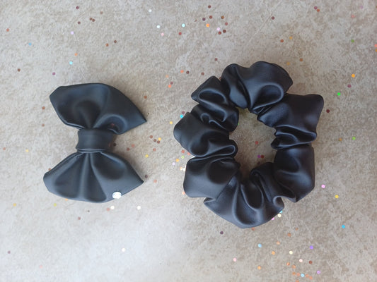 Black Leather Bow Scrunchie Set